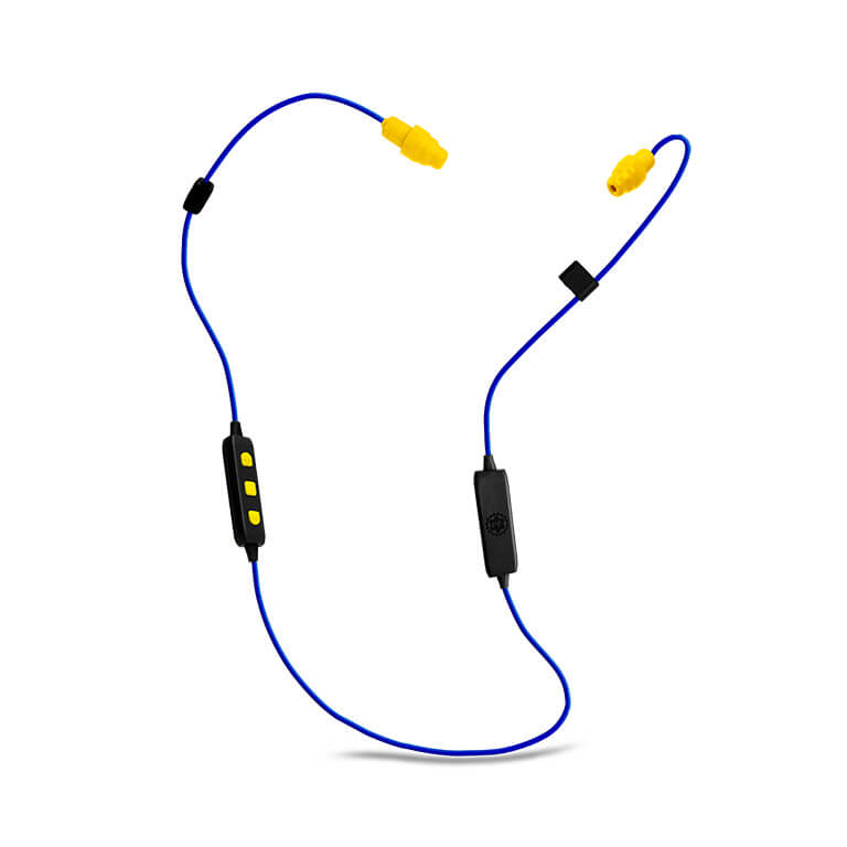 Blue and yellow Plugfones earplug-earbud product